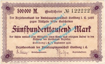 Stollberg , Notgeld 500.000 Mark Schein in L-gbr. Bühn 6840.31 , Sachsen 1923 InflationStollberg , Notgeld 500.000 Mark Schein in L-gbr. Bühn 6840.31 , Sachsen 1923 Inflation