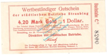 Straubing , 4,20 Gold Mark Notgeld Schein in kfr. Müller 4815.5 , Bayern 1923 Wertbeständig