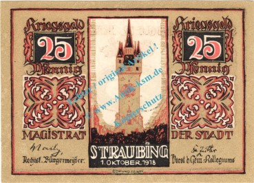 Straubingen , Notgeld 25 Pfennig -Wellenb.- in kfr-unc 7180.05.11 , Bayern 1918 Verkehrsausgabe