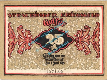 Preview: Straubingen , Notgeld 25 Pfennig -Wellenb.- in kfr-unc 7180.05.11 , Bayern 1918 Verkehrsausgabe