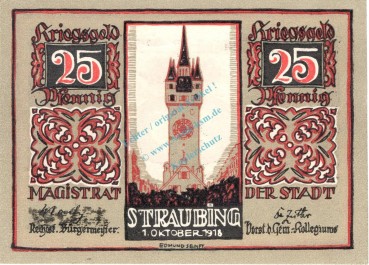 Preview: Straubingen , Notgeld 25 Pfennig in kfr-unc 7180.05.31 , Bayern 1918 Verkehrsausgabe