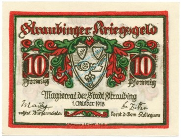 Straubing , Notgeld 10 Pfennig Schein unc-kfr. Ti.7180.05.15 BAY 1918 Verkehrsausgabe -4296-