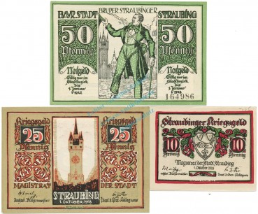 Straubing , Notgeld Set 3 Scheine unc-kfr. Ti.7180.05... BAY 1918-19 Verkehrsausgabe -4294-