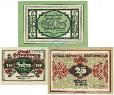 Preview: Straubing , Notgeld Set 3 Scheine unc-kfr. Ti.7180.05... BAY 1918-19 Verkehrsausgabe -4294-