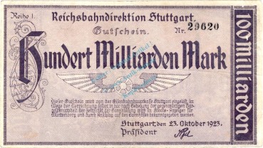 Stuttgart , Banknote 100 Milliarden Mark Schein in gbr. Keller 4926.h , Württemberg 1923 InflationStuttgart , Banknote 100 Milliarden Mark Schein in gbr. Keller 4926.h , Württemberg 1923 Inflation
