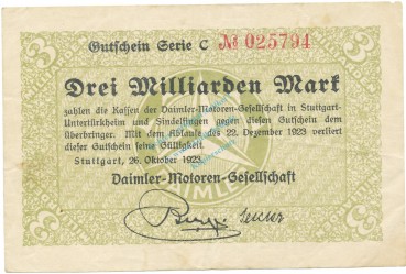 Stuttgart , Banknote 3 Milliarden Mark F-kfr. Keller 4923.a Württemberg 1923 Inflation