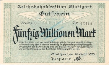 Stuttgart , Banknote 50 Millionen Mark Schein in unc-kfr. Keller 4926.e , Württemberg 1923 Inflation