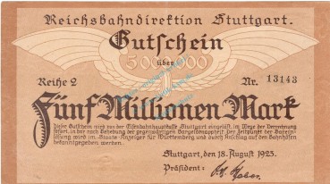 Stuttgart , Banknote 5 Millionen Mark Schein in unc-kfr. Keller 4926.c , Württemberg 1923 Inflation