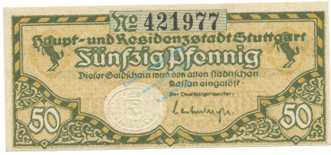 Stuttgart , Notgeld 50 Pfennig Schein unc-kfr. Ti.7220.20.10 WÜR o.D. Verkehrsausgabe -4266-