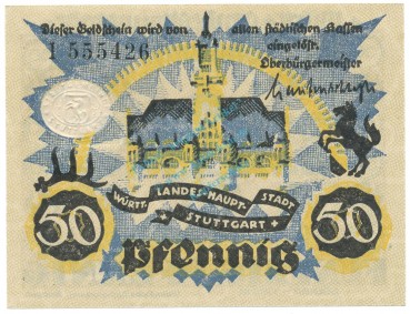 Preview: Stuttgart , Notgeld 50 Pfennig Schein unc-kfr. Ti.7220.20.15 WÜR o.D. Verkehrsausgabe -4267-