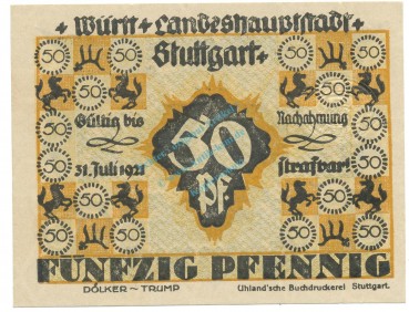 Stuttgart , Notgeld 50 Pfennig Schein unc-kfr. Ti.7220.20.15 WÜR o.D. Verkehrsausgabe -4267-