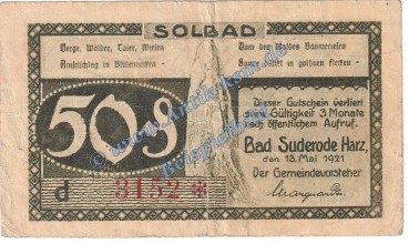 Suderode , Notgeld 50 Pfennig -d statt a- Schein in gbr. M-G 1292.1.b , Sachsen Anhalt 1921 Seriennotgeld