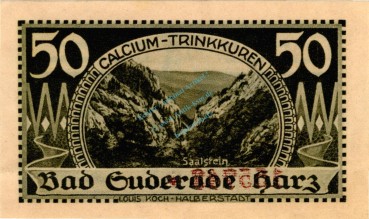 Preview: Suderode , Notgeld 50 Pfennig -Fehlbuchstabe a- unc-kfr. M-G 1292.1.b.1 , Sachsen Anhalt 1921 Seriennotgeld