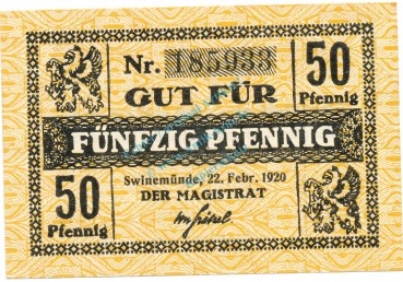 Swinemünde , Notgeld 50 Pfennig Schein unc-kfr. Ti.7245.05.21 POM 1920 Verkehrsausgabe -4307-