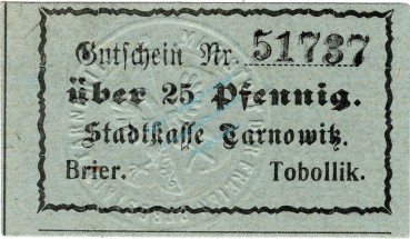 Tarnowitz , Notgeld 25 Pfennig Schein unc-kfr. Ti.7285.25.25 , Schlesien o.D. Verkehrsausgabe