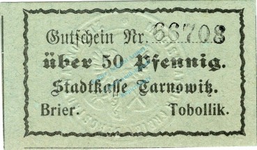 Tarnowitz , Notgeld 50 Pfennig Schein unc-kfr. Ti.7285.25.45 Schlesien o.D. Verkehrsausgabe