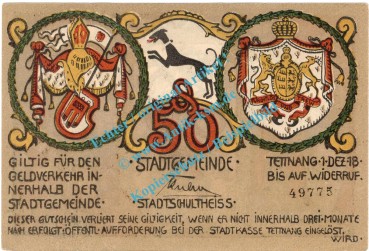 Tettnang , Notgeld 50 Pfennig -2.Aufl- in kfr. Tieste 7310.05.10 , Württemberg