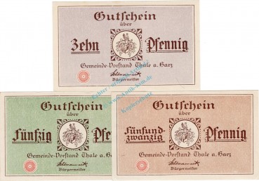 Thale , Notgeld Set mit 3 Scheinen unc-kfr. M-G 1320.3.a , Sachsen Anhalt 1917 SeriennotgeldThale , Notgeld Set mit 3 Scheinen unc-kfr. M-G 1320.3.a , Sachsen Anhalt 1917 Seriennotgeld