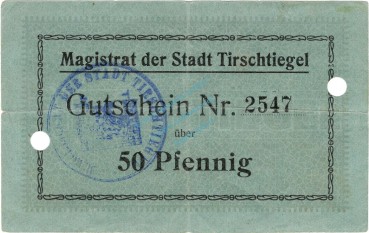 Tirschtiegel , Notgeld 50 Pfennig Schein gbr.E Diessner 401.a , Posen o.D. Notgeld 1914-15