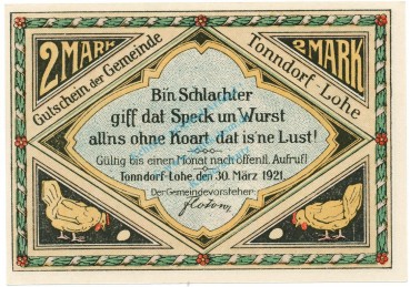 Tonndorf , Notgeld 2 Mark -dünn,glatt- unc-kfr. M-G 1330.2 , SH 1921 Seriennotgeld -5822-