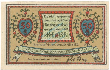 Preview: Tonndorf , Notgeld 50 Pfennig -dünn,glatt- unc-kfr. M-G 1330.2 , SH 1921 Seriennotgeld -5820-