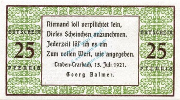Traben-Trarbach , Notgeld 25 Pfennig --mit US-- unc-kfr. M-G 1333.1 , Rheinland 1921 Seriennotgeld