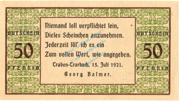 Traben-Trarbach , Notgeld 50 Pfennig Schein --mit US-- unc-kfr. M-G 1333.1 , Rheinland 1921 Seriennotgeld