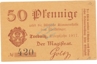 Preview: Trebnitz , Notgeld 50 Pfennig Schein unc-kfr. Ti.7400.15.08 , Schlesien 1917 Verkehrsausgabe