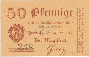 Trebnitz , Notgeld 50 Pfennig Schein unc-kfr. Ti.7400.15.08 , Schlesien 1917 Verkehrsausgabe