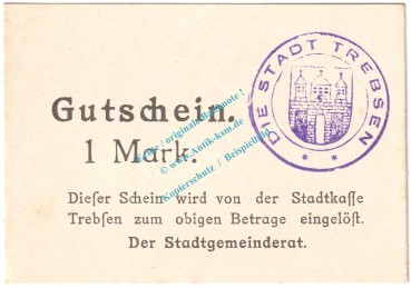 Trebsen , Notgeld 1 Mark Schein in kfr. Tieste 7405.05.07 , Sachsen o.D. Verkehrsausgabe
