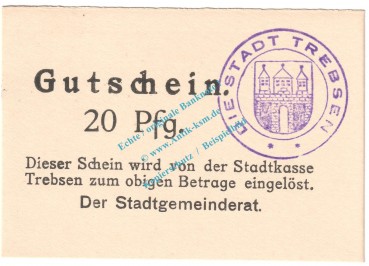 Trebsen , Notgeld 20 Pfennig Schein in kfr. Tieste 7405.05.10 , Sachsen o.D. Verkehrsausgabe