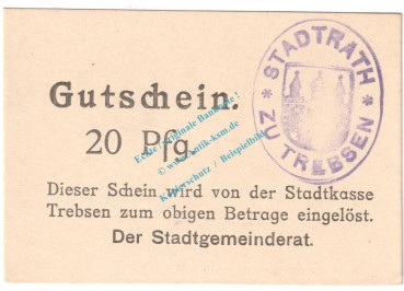 Trebsen , Notgeld 20 Pfennig Schein in kfr. Tieste 7405.05.30 , Sachsen o.D. Verkehrsausgabe