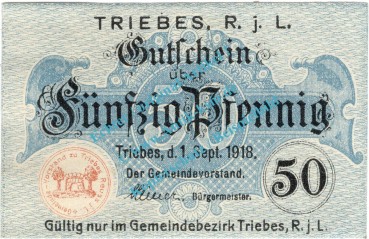 Triebes , Notgeld 50 Pfennig Schein in kfr. Tieste 7450.05.15 , Thüringen 1918 Verkehrsausgabe
