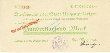 Uelzen , Banknote 100.000 Mark L-gbr. Keller 5258.b Niedersachsen 1923 Inflation -3611-