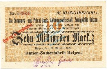 Uelzen , Banknote 10 Milliarden Mark F-kfr. Keller.5260 Niedersachsen 1923 Inflation -3612-