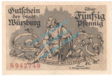 Preview: Würzburg , Notgeld 50 Pfennig Schein in kfr. Tieste 8130.05.30 , Bayern o.D. Verkehrsausgabe