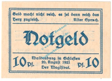 Waldenburg , Notgeld 10 Pfennig Nr.4 -gelblich- in kfr. M-G 1371.22 , Schlesien 1921 Seriennotgeld