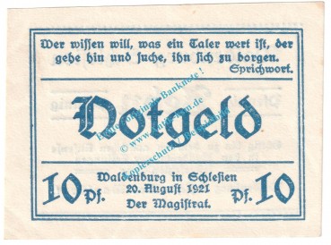 Waldenburg , Notgeld 10 Pfennig Schein Nr.10 in kfr. M-G 1371.19 , Schlesien 1921 Seriennotgeld