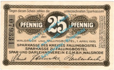 Walsrode , Notgeld 25 Pfennig Schein in kfr. Tieste 7680.05.15 , Niedersachsen 1920 Verkehrsausgabe