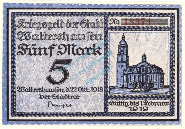 Waltershausen , Notgeld 5 Mark Schein in unc-kfr. Geiger 538.1 , Sachsen 1918 Grossnotgeld