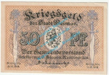 Weimar , Notgeld 50 Pfennig Schein in kfr. Tieste 7775.15.10 , Thüringen 1917 Verkehrsausgabe
