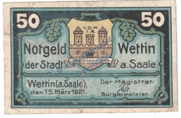 Wettin , Notgeld 50 Pfennig Schein in gbr. M-G 1421.2 , Sachsen Anhalt 1921 Seriennotgeld