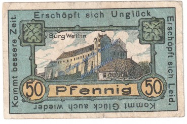Preview: Wettin , Notgeld 50 Pfennig Schein in gbr. M-G 1421.2 , Sachsen Anhalt 1921 Seriennotgeld