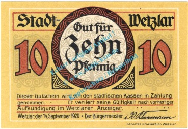 Wetzlar , Notgeld 10 Pfennig Schein -B- in kfr. Tieste 7875.10.35 , Rheinland 1920 Verkehrsausgabe
