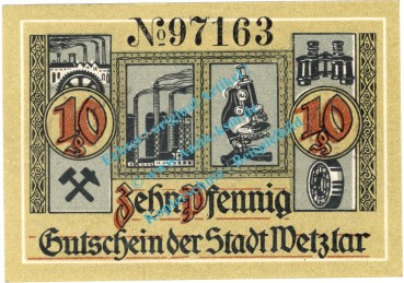Wetzlar , Notgeld 10 Pfennig Schein in kfr. Tieste 7875.10.30 , Rheinland 1920 Verkehrsausgabe