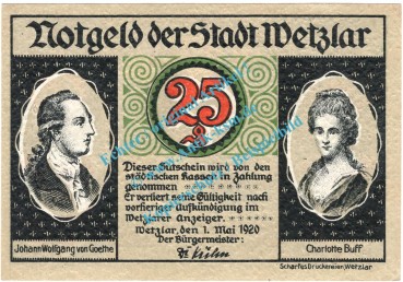 Wetzlar , Notgeld 25 Pfennig -Mai- in kfr. Tieste 7875.10.26 , Rheinland 1920 Verkehrsausgabe