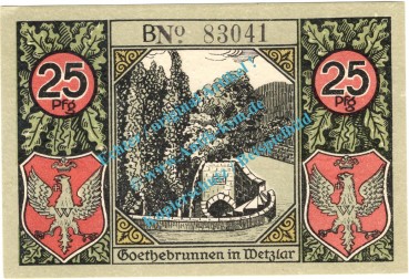 Preview: Wetzlar , Notgeld 25 Pfennig Schein -B- in kfr. Tieste 7875.10.36 , Rheinland 1920 Verkehrsausgabe