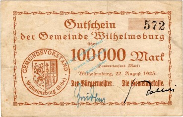 Wilhelmsburg , Banknote 100.000 Mark Schein in gbr. Keller 5626.a , Niedersachsen 1923 Inflation