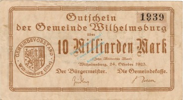 Wilhelmsburg , Banknote 10 Milliarden Mark Schein in gbr. Keller 5626.b , Niedersachsen 1923 Inflation