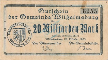 Wilhelmsburg , Banknote 20 Milliarden Mark Schein in gbr. Keller 5626.b , Niedersachsen 1923 Inflation